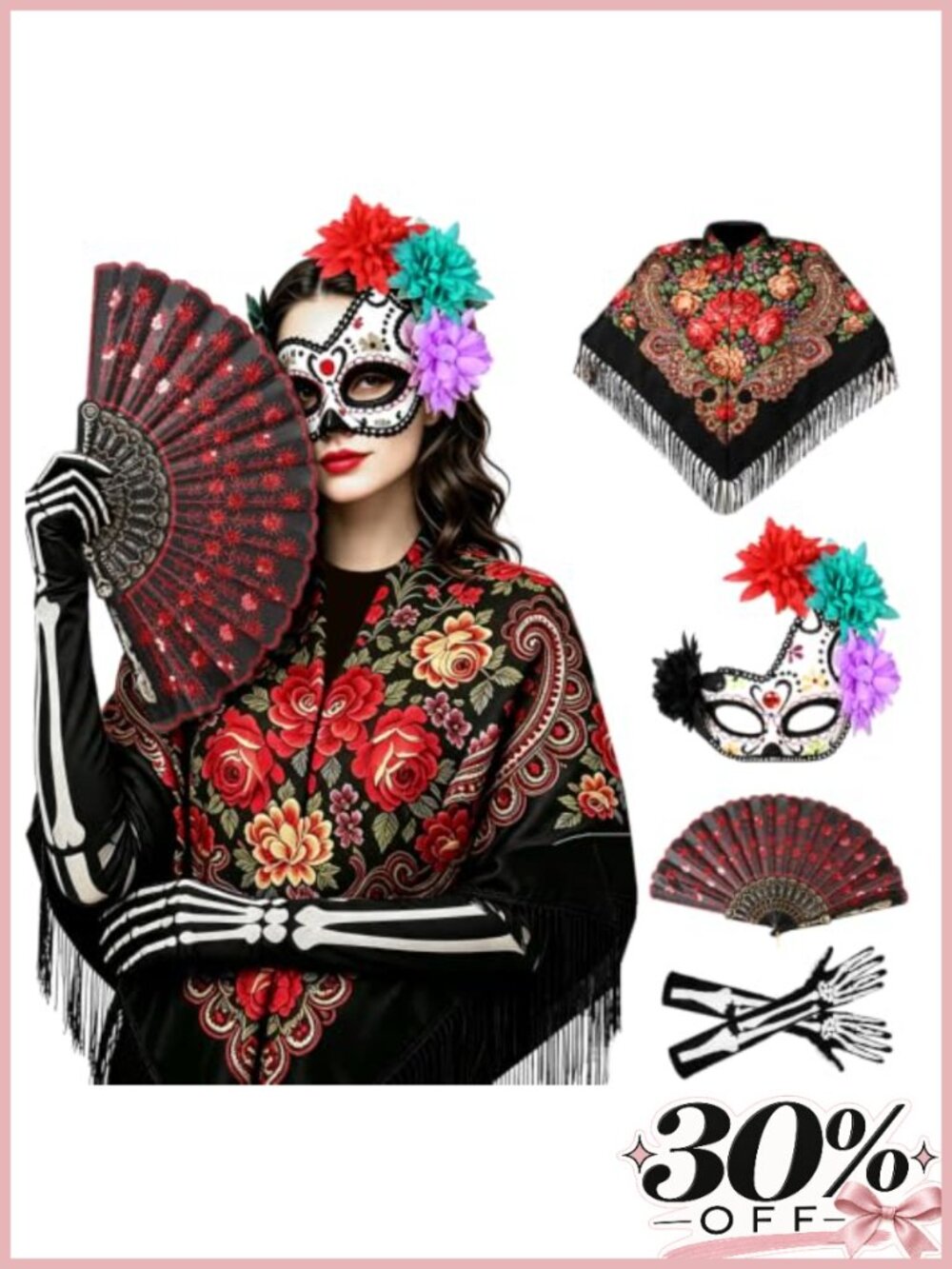 Day of the Dead Costume Set Shawl Mask Gloves Fan